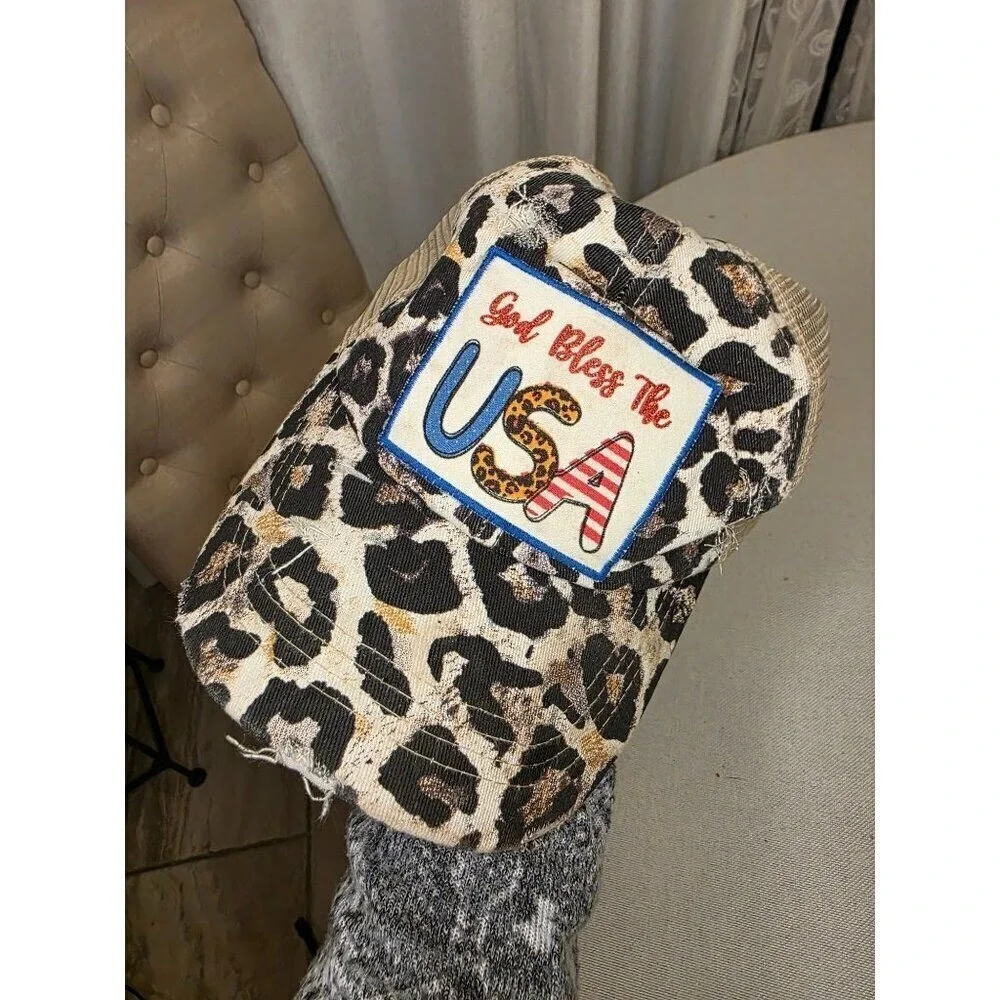 Leopard Print God Bless The USA Distressed Trucker Hat With Mesh Back